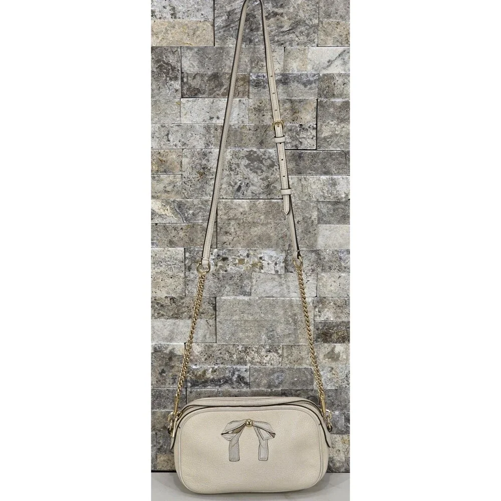 Coach Isla Small Leather Crossbody Bag Ivory Bow Chain Strap Coquette Preppy - Picture 2 of 15
